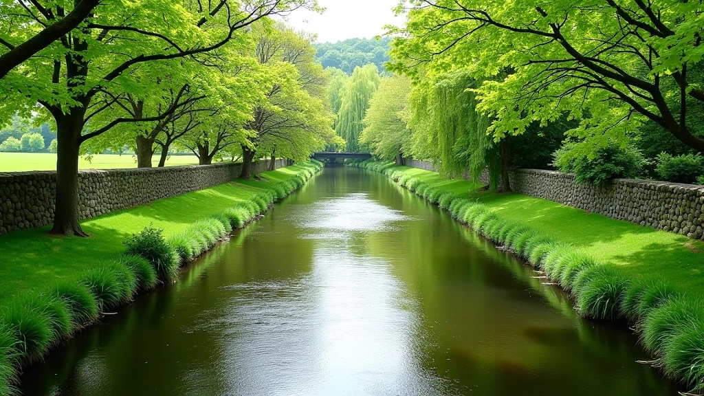 River flowing through green banks with trees on both sides, stone bridge visible in distance, rural Irish countryside