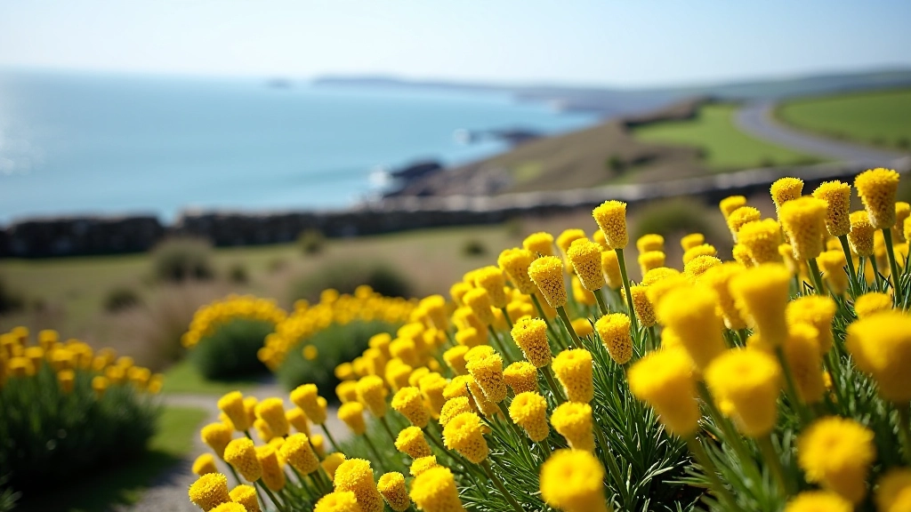 Coastal scrubland with gorse bushes overlooking a distant bay, green hillsides and stone walls in the foreground