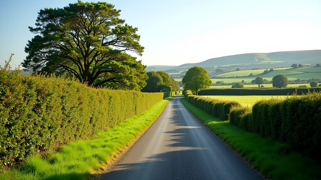 Peaceful country lane lined with hedgerows and stone walls under clear sky