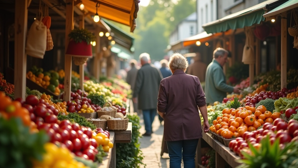 People browsing fresh produce and homemade goods at outdoor market stalls