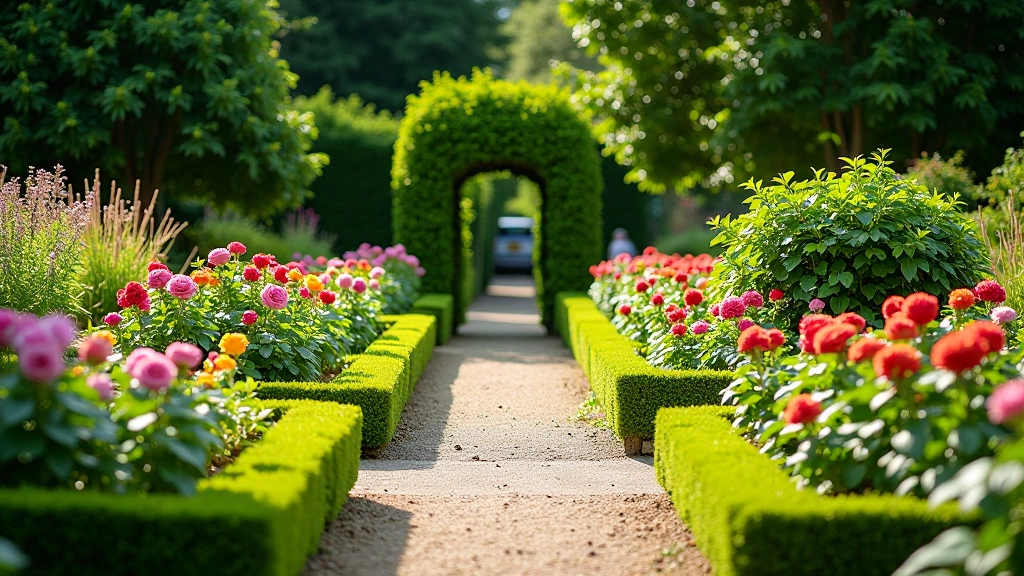 Formal garden with geometric beds, colorful flowers arranged in patterns, and a garden bench