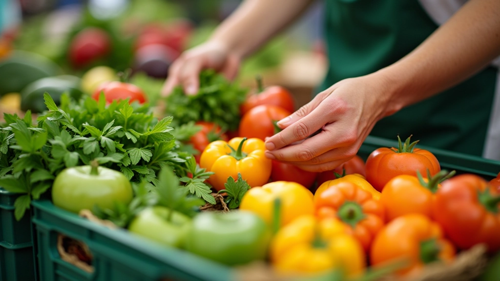 Close-up of fresh seasonal vegetables and herbs being selected at market stall