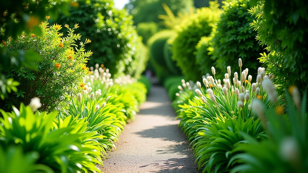 Winding garden path through lush green plants and flowering borders at heritage garden