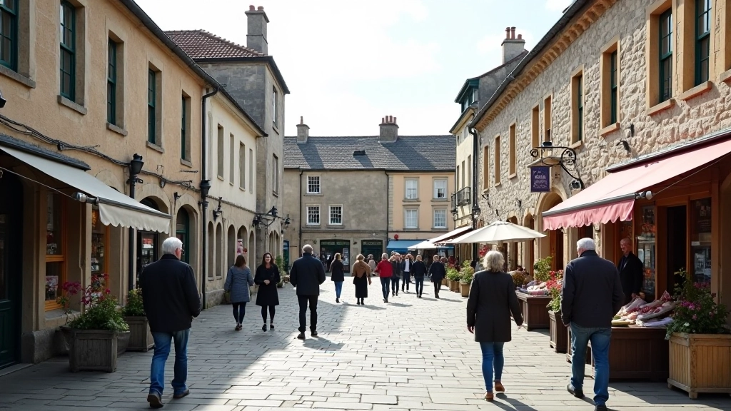 Midleton Market Square with historic stone buildings and people walking