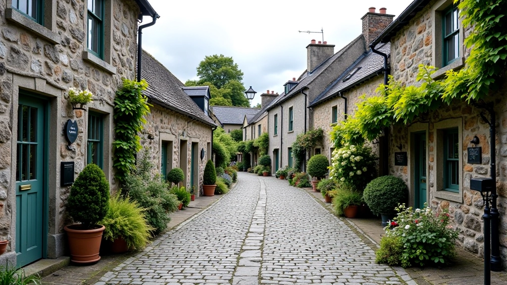 Historic stone village buildings with traditional architecture and cobbled street