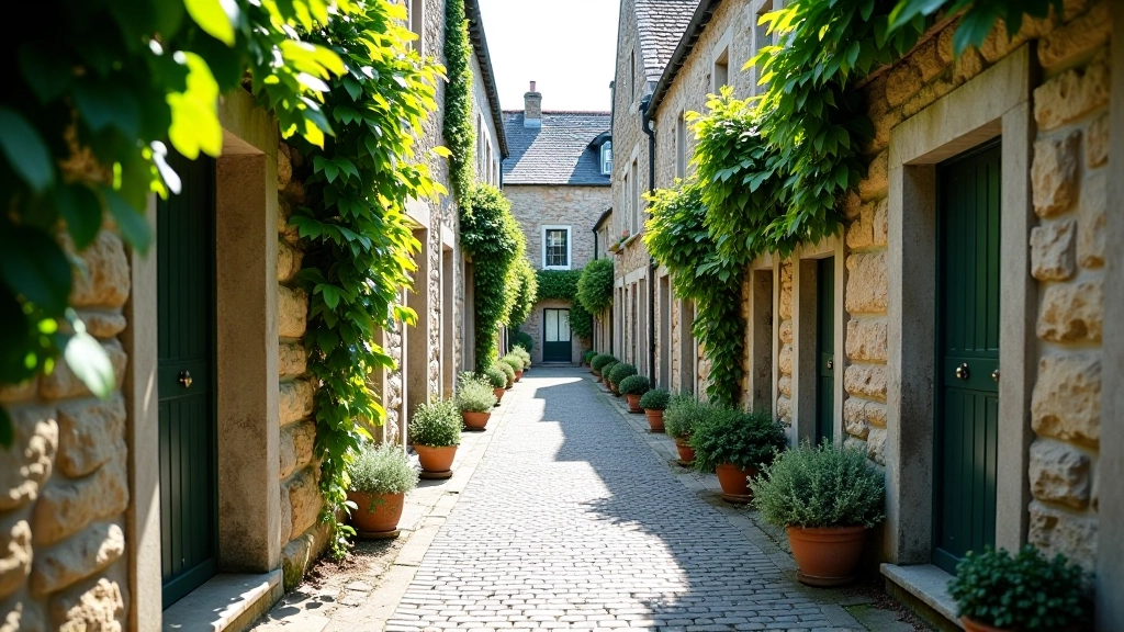 Narrow cobblestone alley between historic buildings with ivy-covered walls