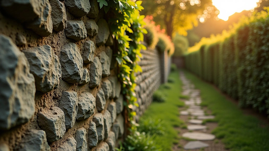 Stone wall covered in ivy and lichen, with manicured garden hedge visible beyond, autumn light filtering through trees