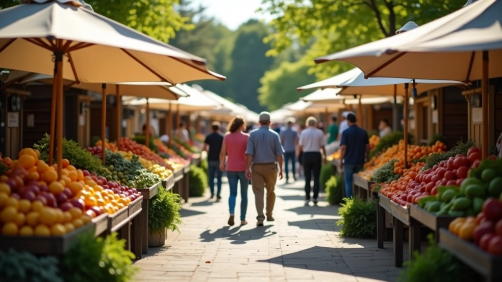 Aerial view of outdoor market with organized vendor stalls and walking paths between rows
