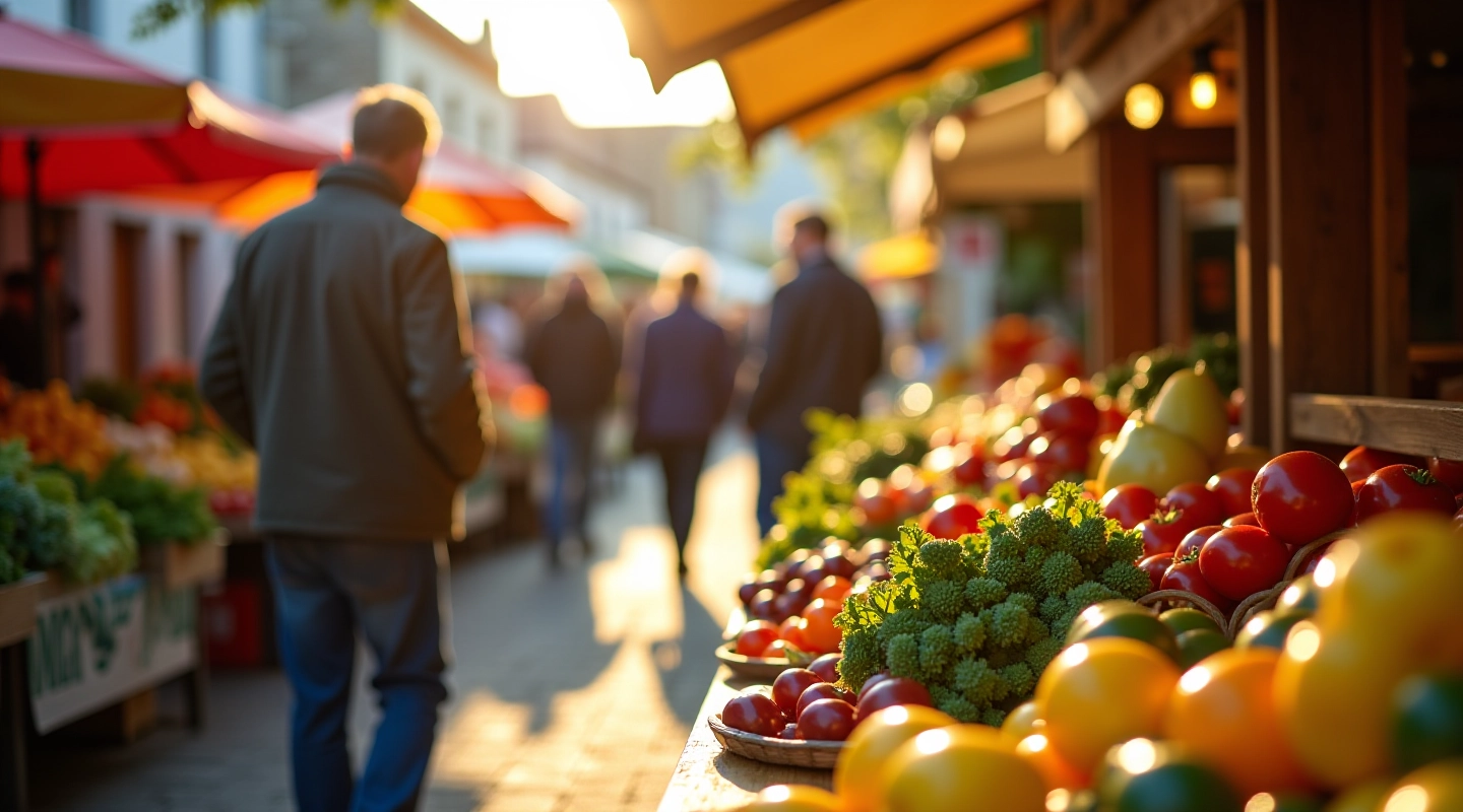Colorful vegetable stalls at outdoor farmers market with fresh produce displayed