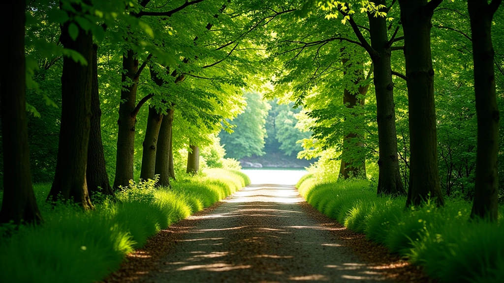 Woodland path with overhanging trees, water visible through trees on left side, peaceful forest setting with dappled light