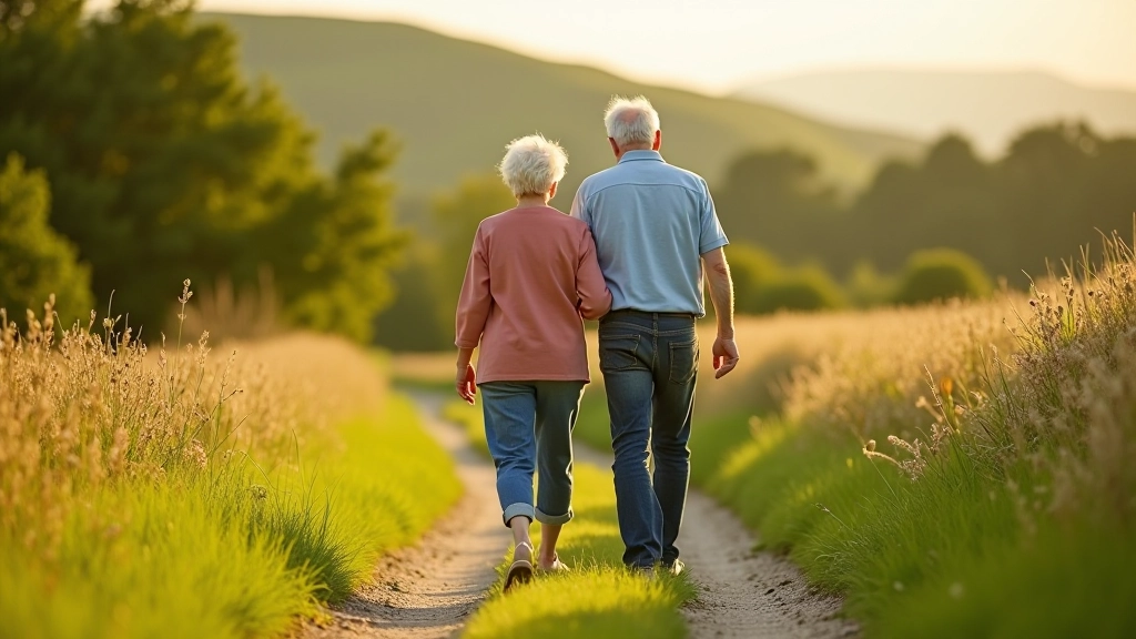 Mature walkers enjoying a peaceful countryside path