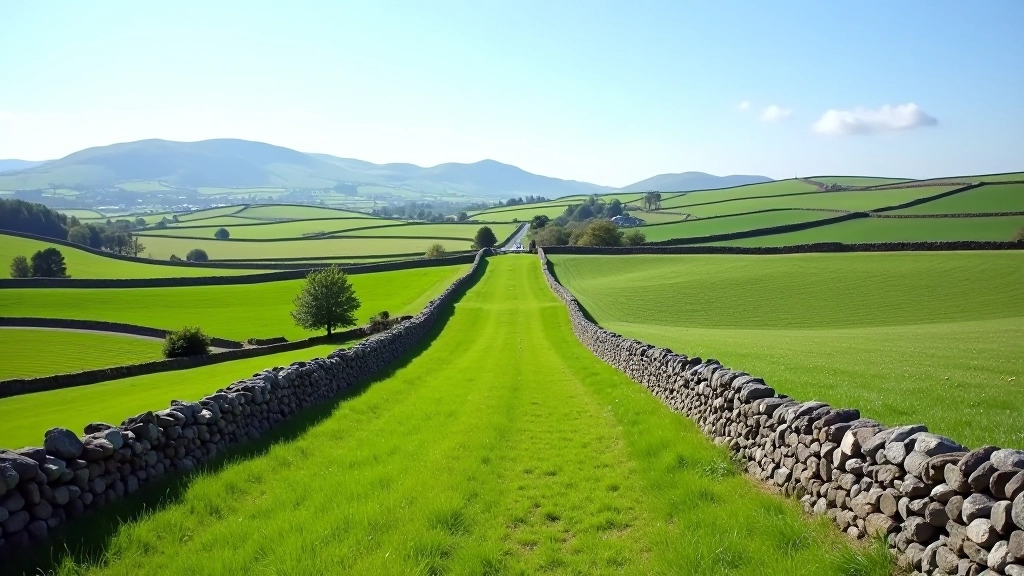Rolling green fields separated by old stone walls, distant mountains visible on horizon, rural farmland under blue sky