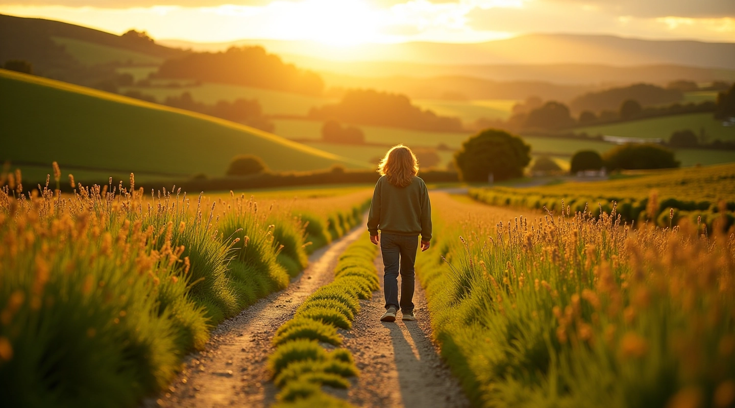 Beautiful Irish countryside walking path through green fields