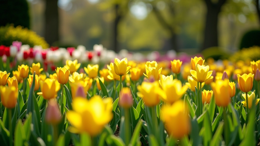 Spring flowers blooming in garden beds with purple tulips and white magnolias