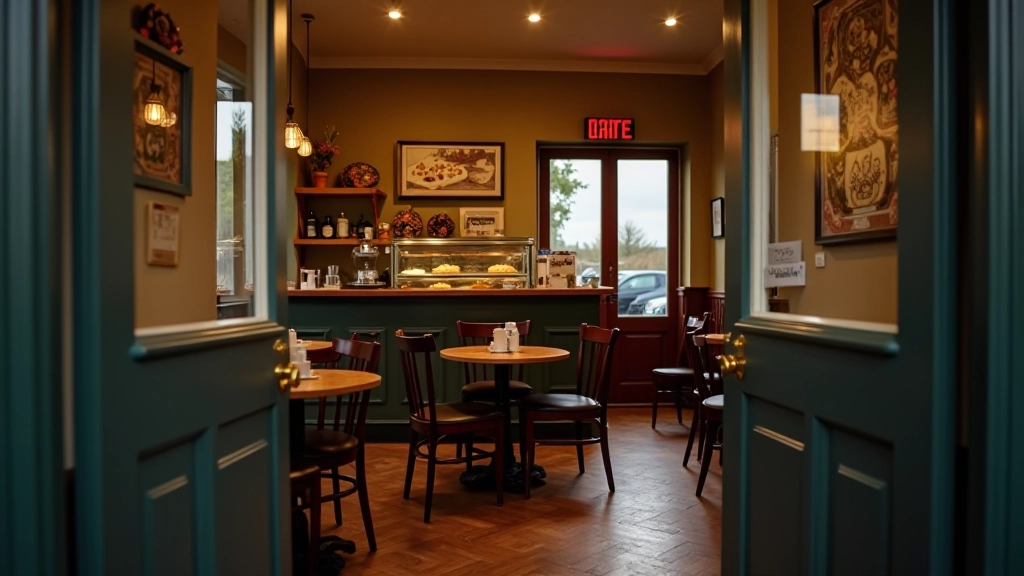 Cozy traditional Irish cafe interior with wooden tables and warm lighting