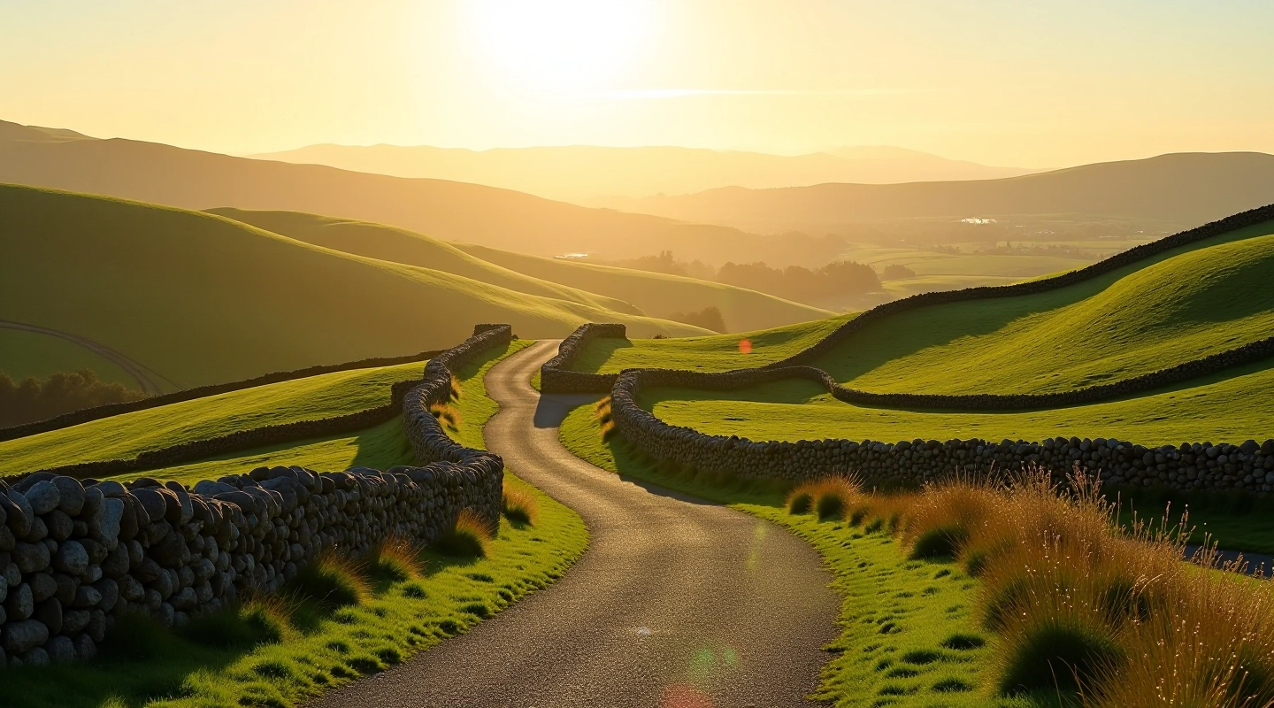 Scenic countryside walking path through lush green Cork landscape with stone walls