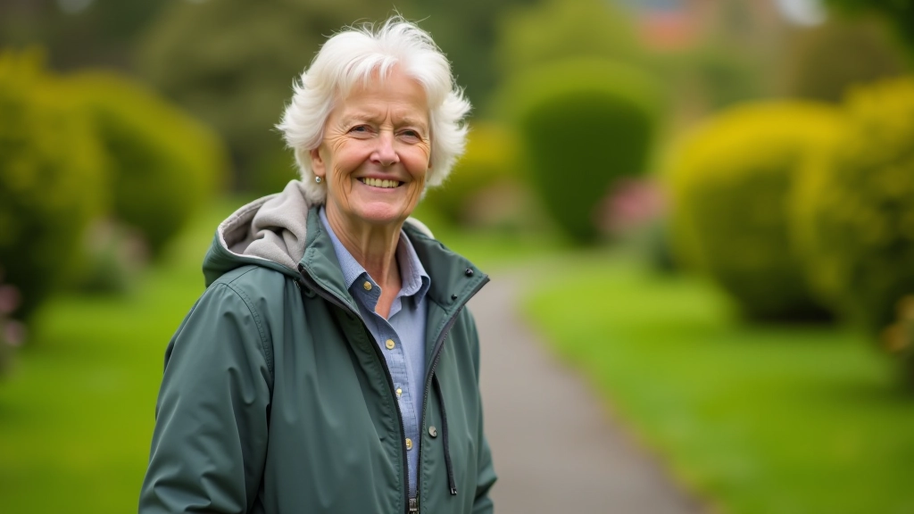 Woman in casual walking attire standing on garden path, smiling warmly at camera, heritage garden setting