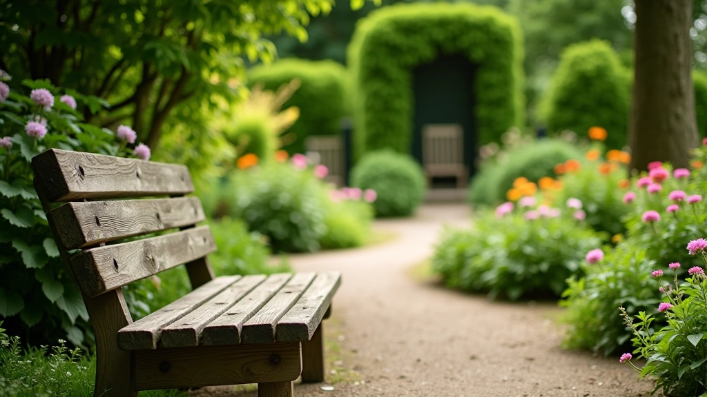Garden seating area with benches overlooking planted beds and pathways
